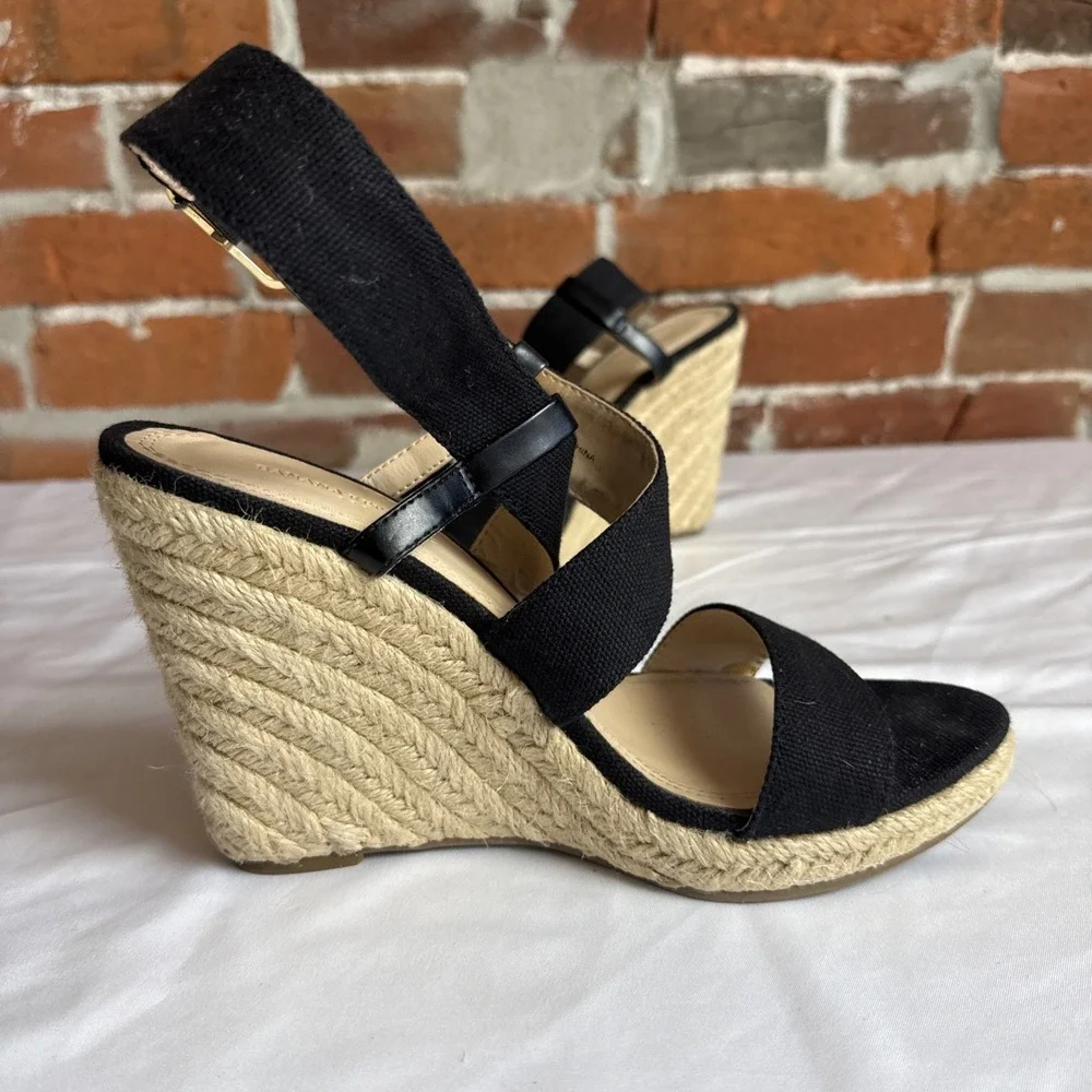 Banana Republic Black Canvas Espadrille Wedge Heel Sandal Leather Trim Size 8